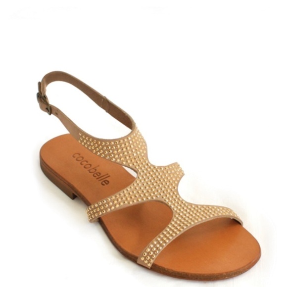 NWT Cocobelle Venus Gold Studded Tan Leather Resort Flat Sandals Size 6 - Picture 3 of 11